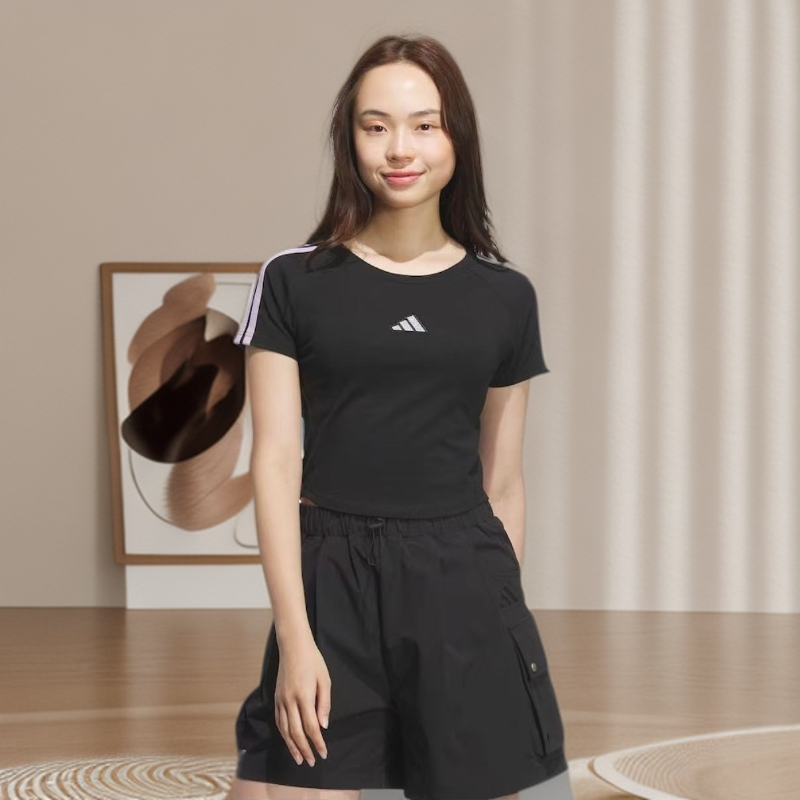 adidas/阿迪达斯流光风三条女款显腰线运动休闲短袖T恤 KB7753