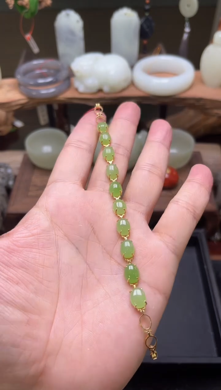 【闪购商品】和田玉手链18K金镶嵌乌兰海苹果绿手链9002026