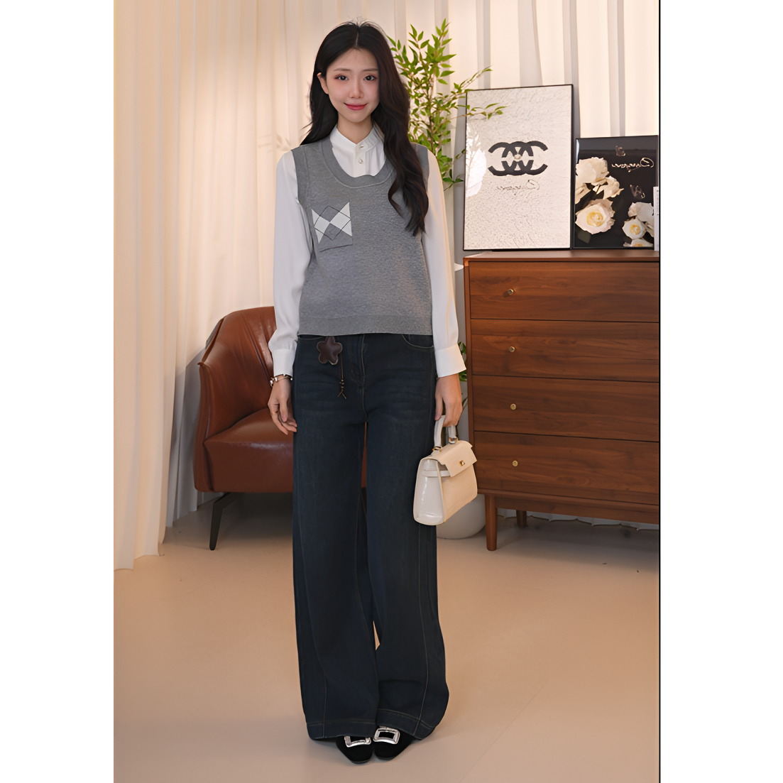 H314 【诗】学院风U领微弹羊毛针织衫女式秋季新款