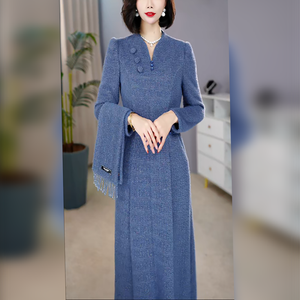 【雪狐绒】25年新款加绒加厚V领A型复古冬季气质优雅长裙保暖过膝裙