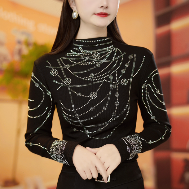 50422欧货重工烫钻打底衫轻奢链条满钻时尚气质长袖德绒上衣女T恤