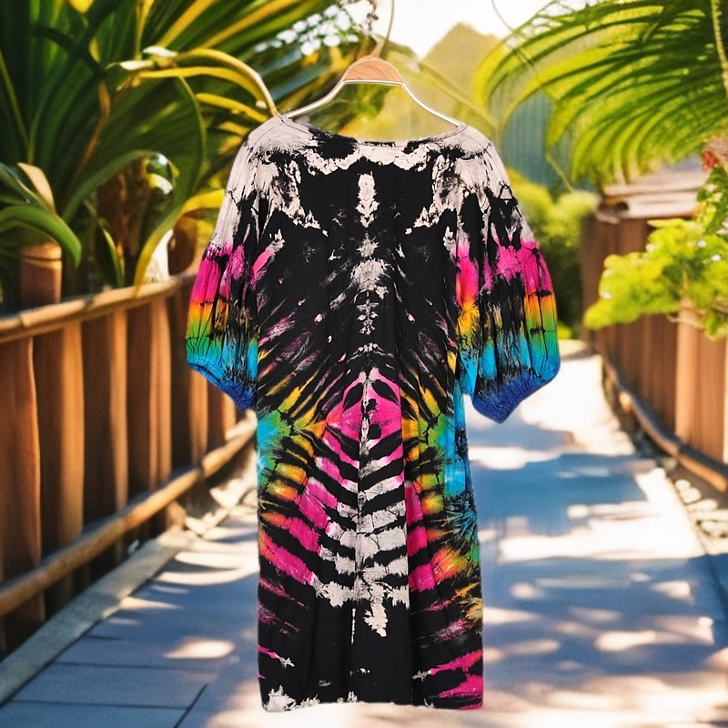 泰国手工扎染原创设计款v领个性小众短袖中长款东南亚女装连衣裙