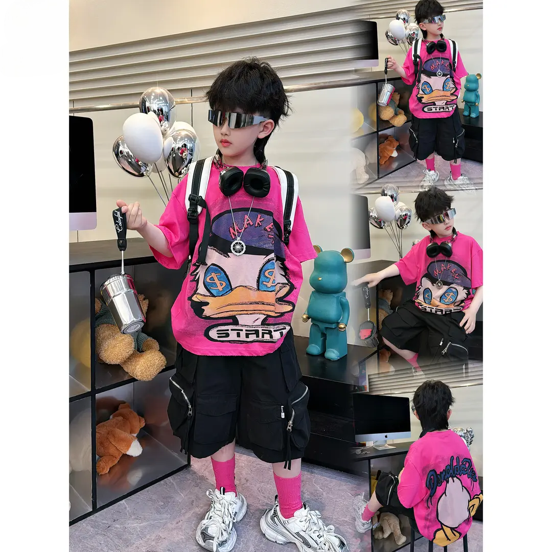 男童纯棉夏季短袖2025新款中大童发财鸭印花潮酷痞帅时尚帅气半袖