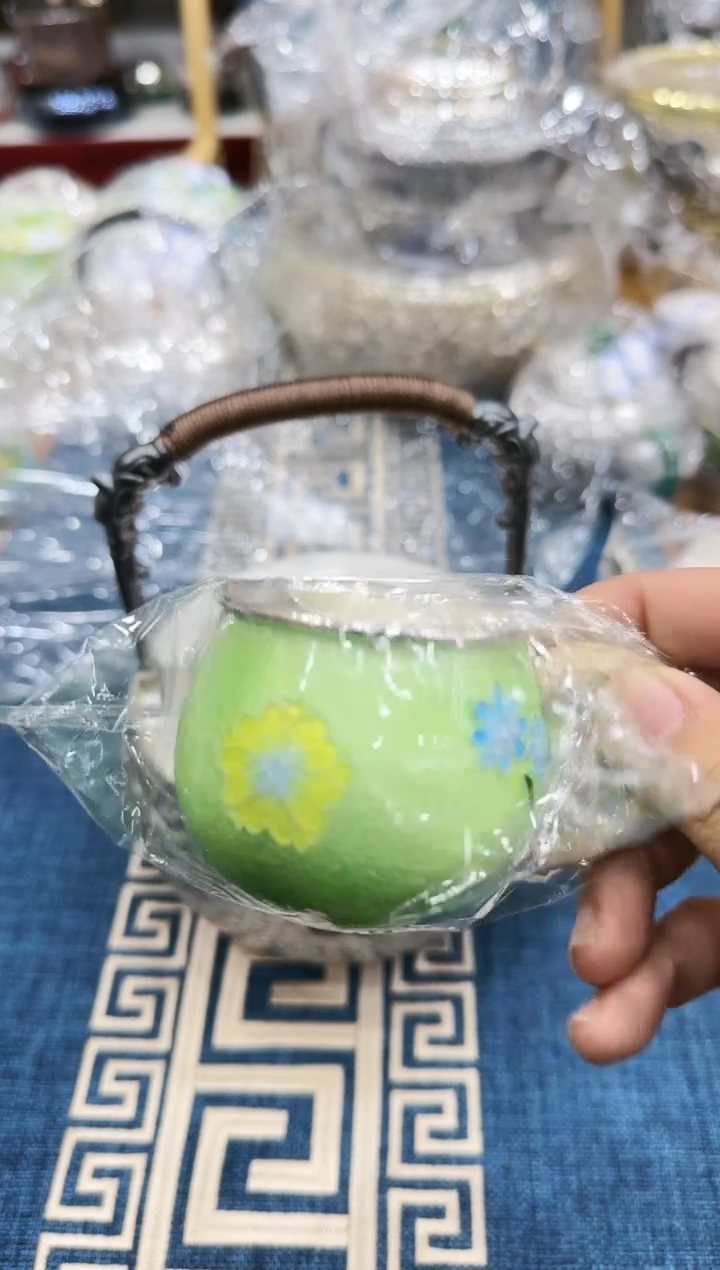 【闪购商品】足银999七宝烧绿色小花茶杯