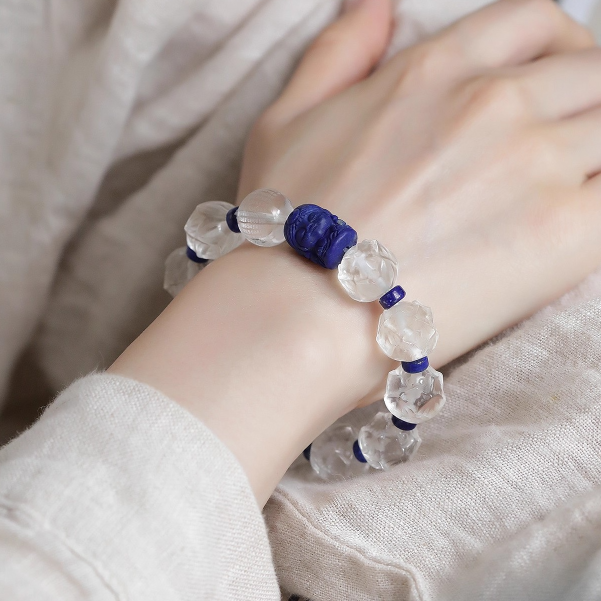 925银手链 S10982 白水水莲花白水心经青石扎基度母弹力手串