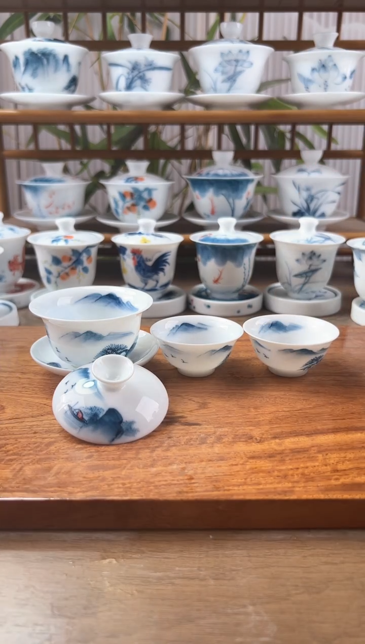 微瑕千里江山80ml三才盖碗+小玉兰杯2个