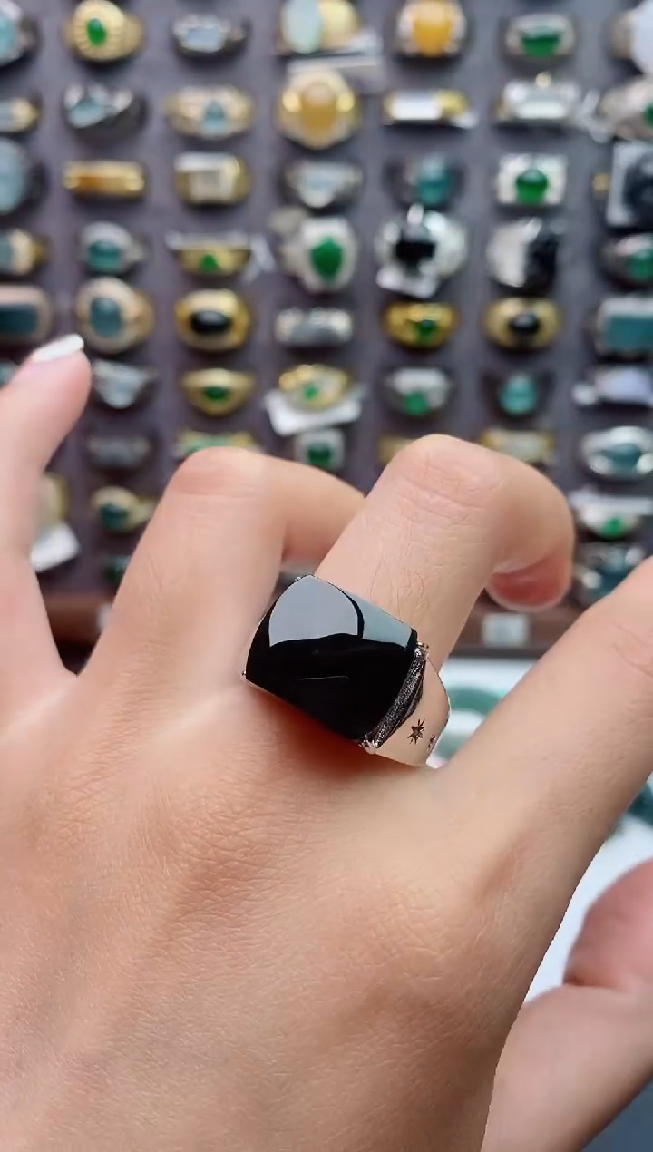 银S925镶嵌戒指翡翠天然翡翠男戒