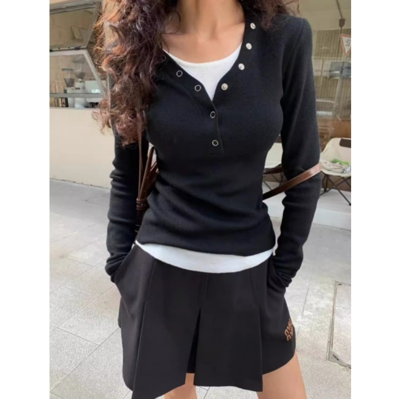 灰色撞色拼接假两件长袖针织衫女早秋内搭修身显瘦内搭打底衫上衣