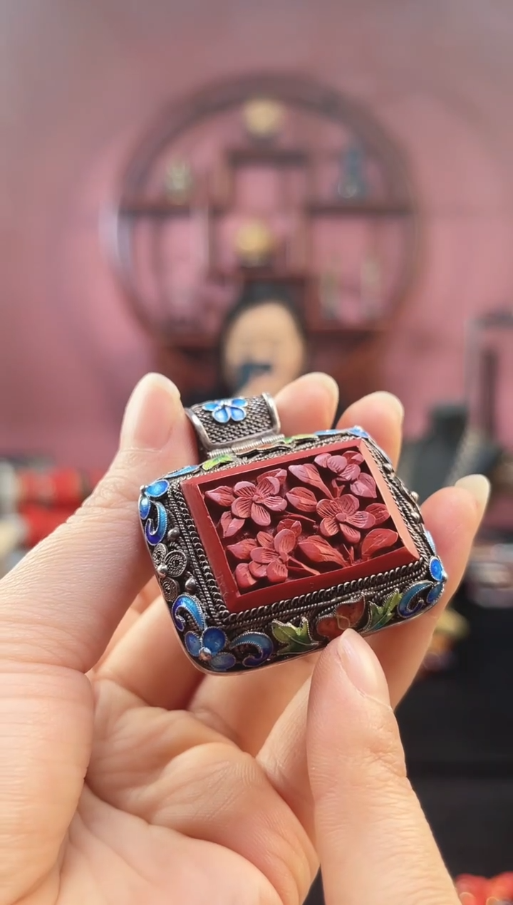 非遗 花丝镶嵌雕漆吊坠 素银 横版