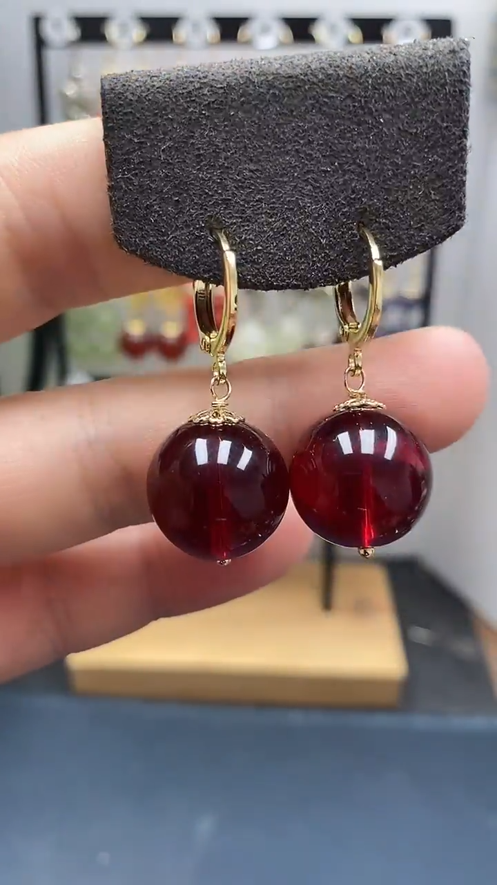 血珀银S925镀金镶嵌耳饰尺寸16mm耳扣07