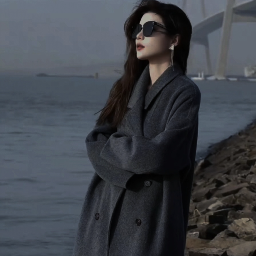 碳灰双面羊驼绒大衣女中长款韩版宽松2025年秋冬高级感羊毛呢外套