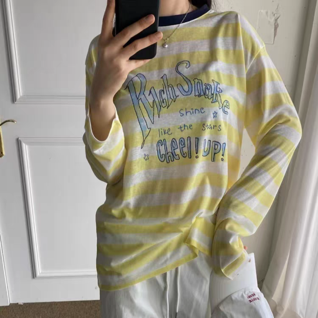 【济州岛】复古字母印花条纹防晒衣T恤