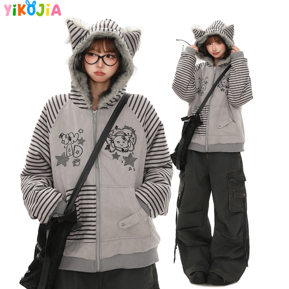 YIKOJIA猫耳朵毛领连帽棉服撞色保暖卡通拼接条纹外套女冬季宽松