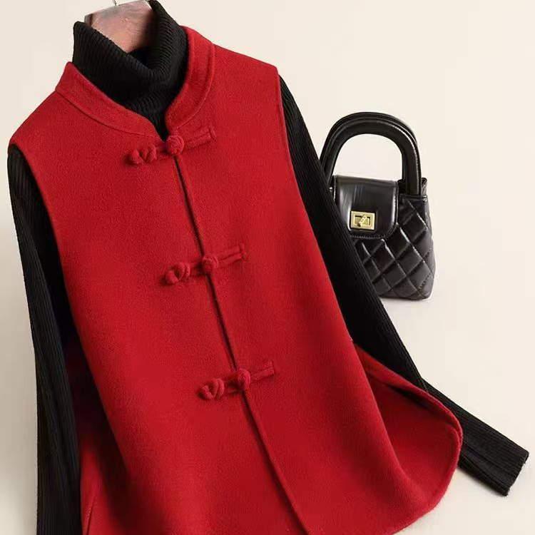 S新中式红色马甲高级感毛呢坎肩女2025秋冬新款红色国风复古T