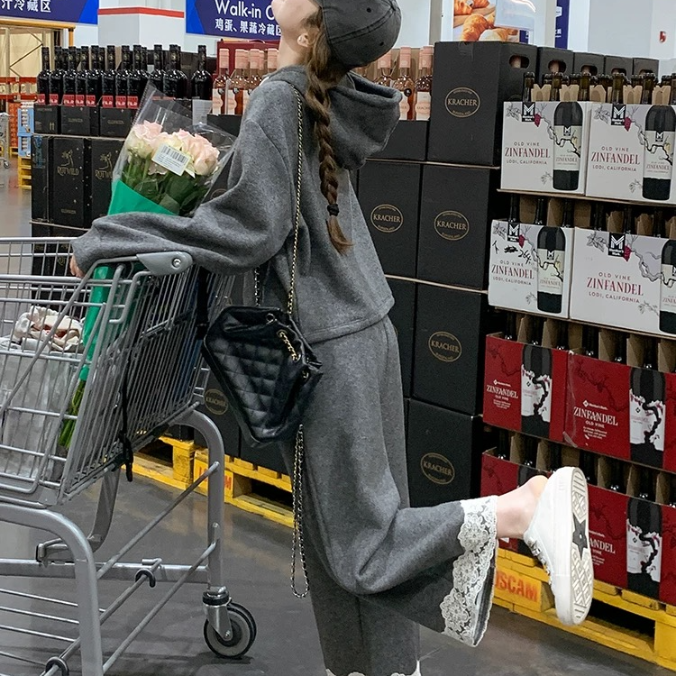 深灰色休闲连帽卫衣套装女2025新款慵懒风蕾丝花边阔腿裤两件套