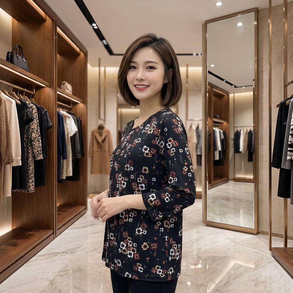 豪蓉服饰 桑蚕丝42针150克女士七分袖圆领印花显瘦气质针织T恤衫