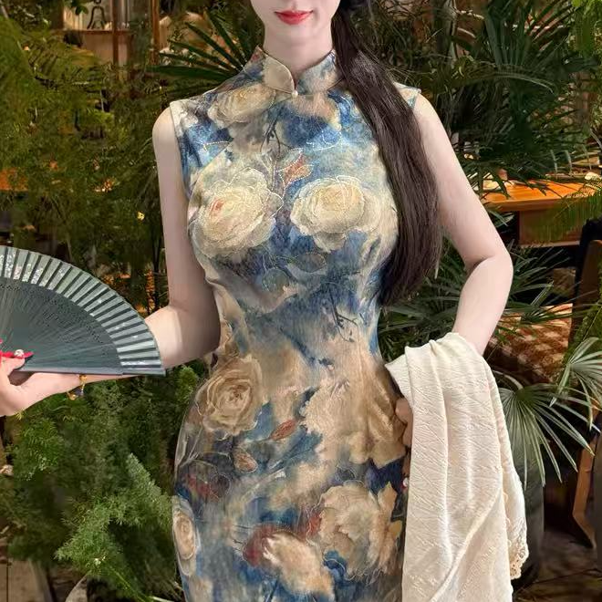 画报金夫人 自制新中式高级烫金无袖旗袍 港工婳桃
