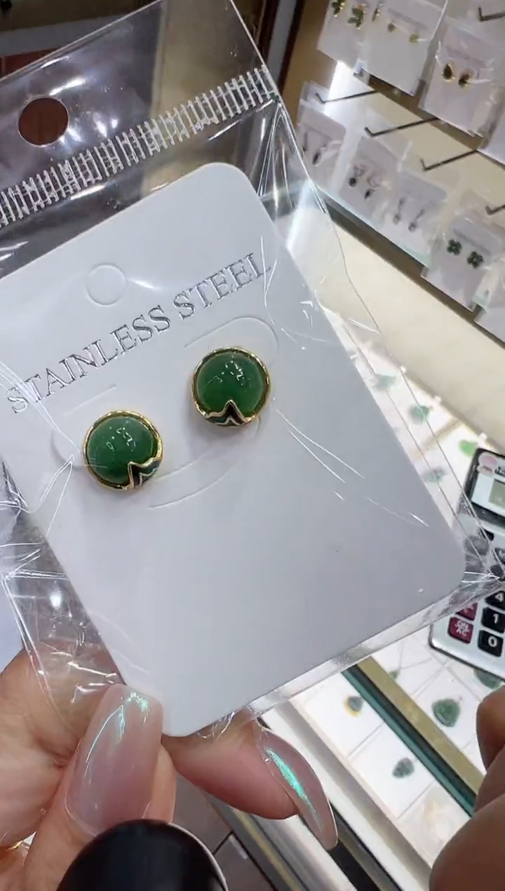 银S925镀金镶嵌和田玉耳饰@@
