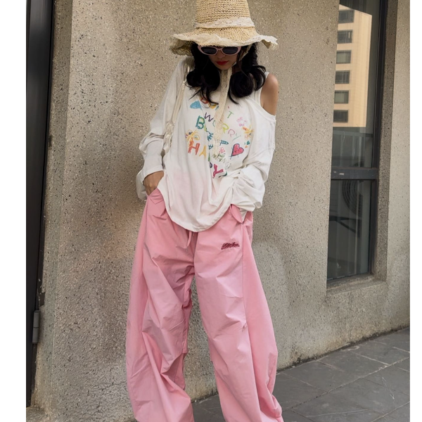 韩系甜酷斜肩字母防晒T恤女长袖宽松显瘦空调罩衫弯刀裤时尚套装