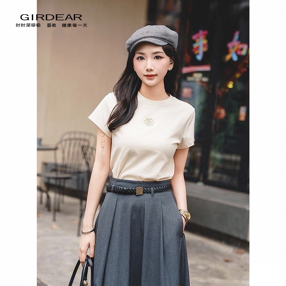 GIRDEAR/哥弟新款山茶花韩系修身小飞袖圆领印花短袖t恤1300996