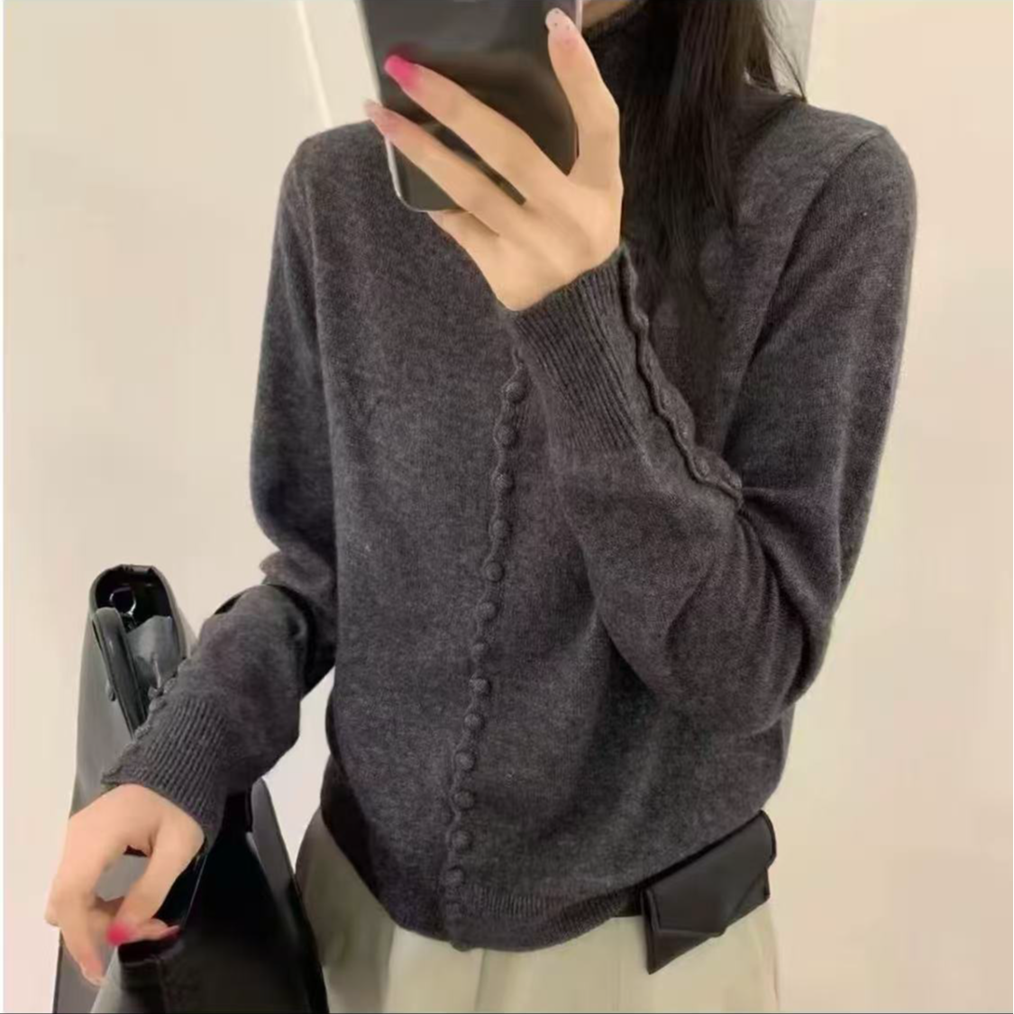 【运费补贴】倒三角深灰色气质针织开衫女单排扣宽松上衣