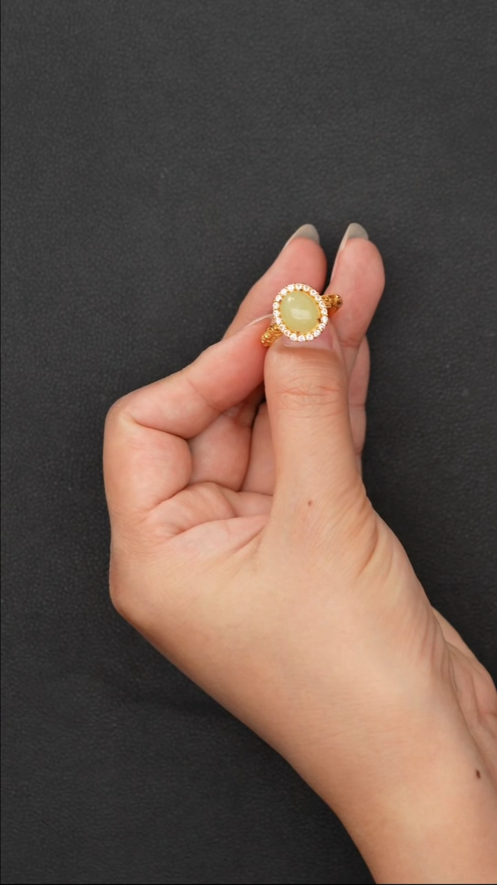 银S925镀金镶嵌戒指和田玉DS574银镶黄口戒指