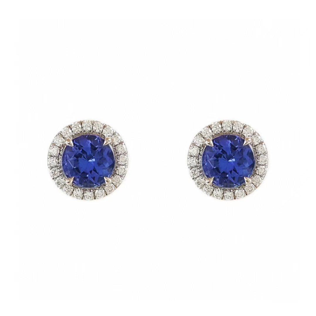 99新 Tiffany & Co./蒂芙尼 小花6欢 坦桑石 镶钻 耳钉 18k白金