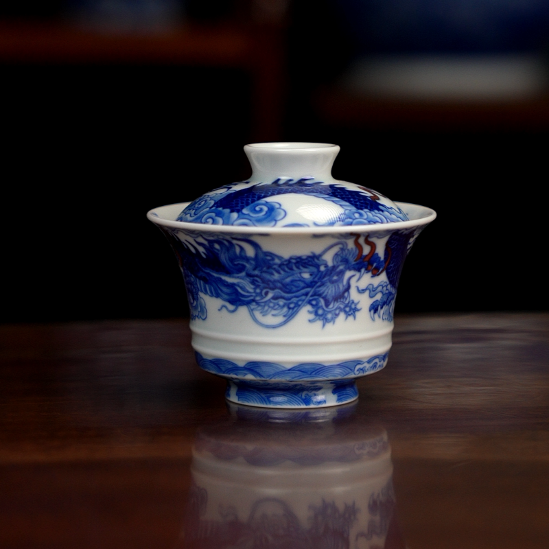 自成堂柴窑青花龙凤盖碗家用喝茶品茗两才盖碗景德镇陶瓷茶器茶碗