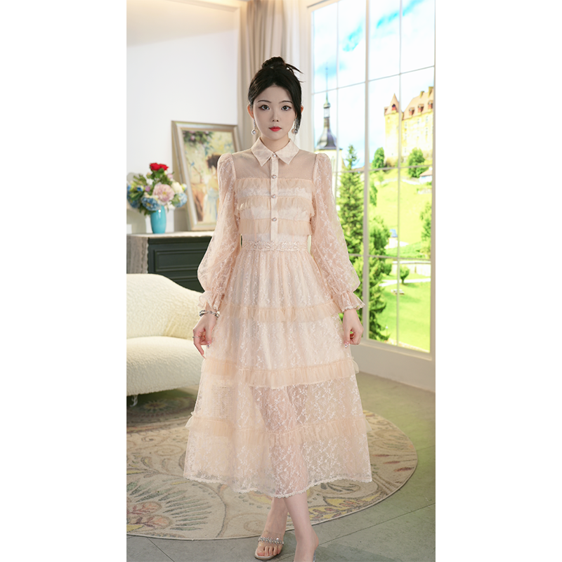 2025春季蕾丝长袖连衣裙显瘦气质轻奢蛋糕裙8241662