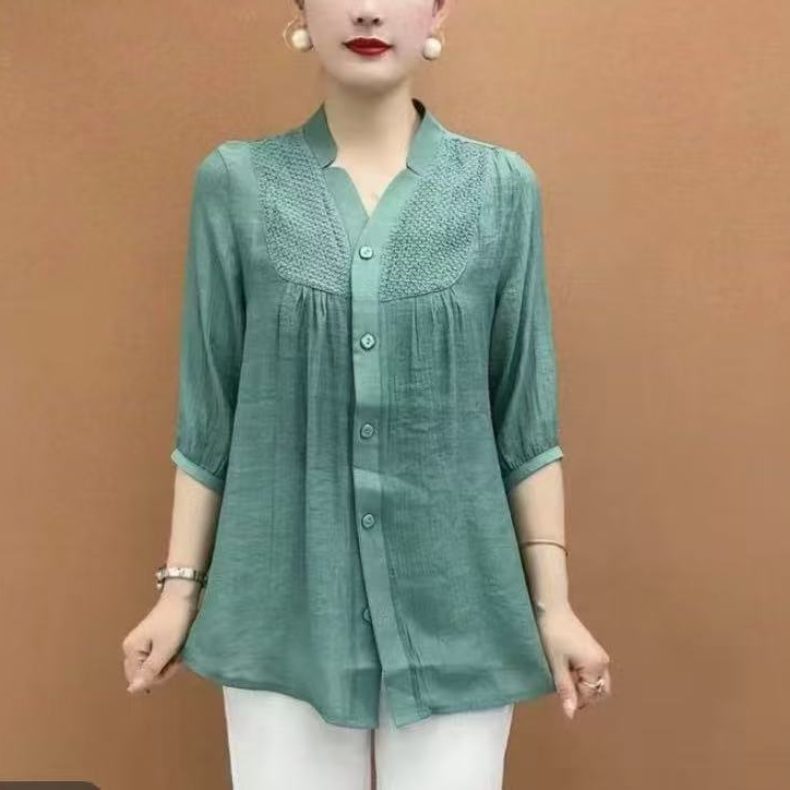 薄款宽松春夏中老年纯色中袖时尚妈妈装显瘦中老年女装小衫衬衣