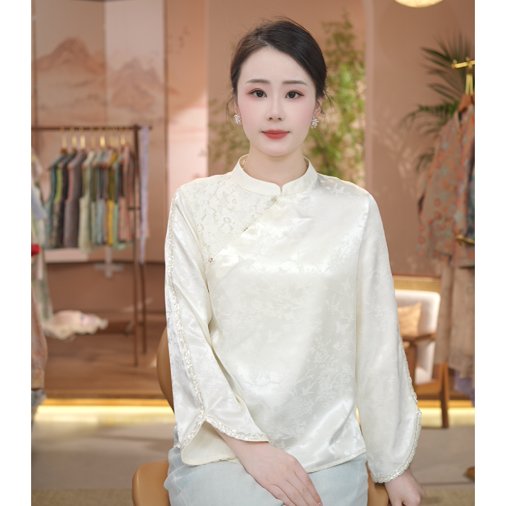 《 淡月微云-衬衫》2025新款刺绣国风改良旗袍领简约休闲气质风提