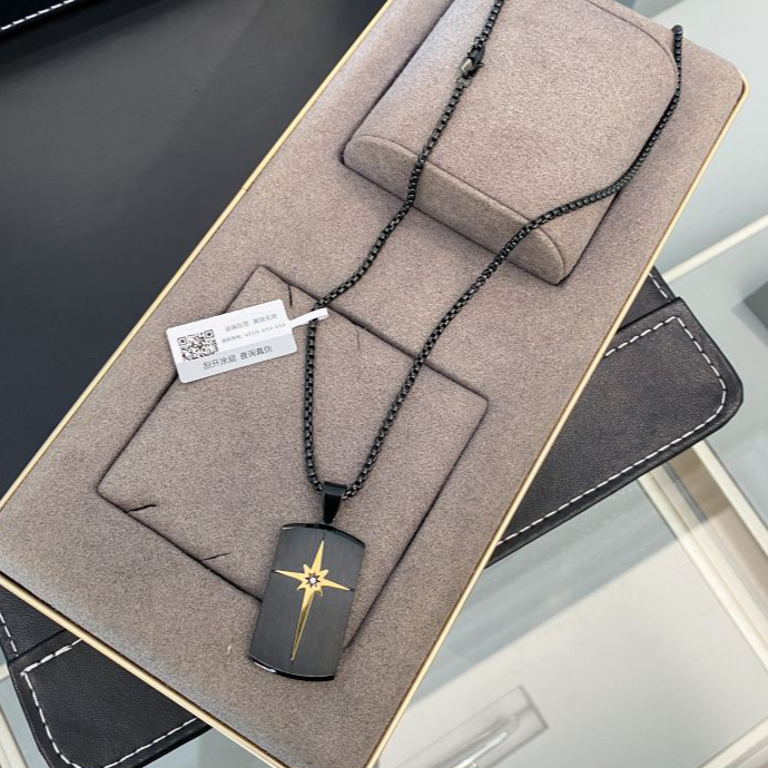 钛钢项链 黑色 六芒星拼色牌项链 N407