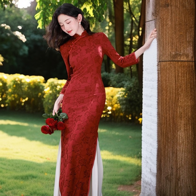 吴《十里红妆》衣长130春夏新款铁锈红结婚订婚敬酒服长款显瘦旗袍