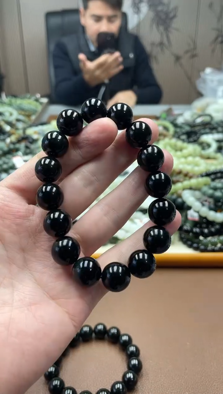 未镶嵌手串和田玉纯天然新疆塔县黑青14圆