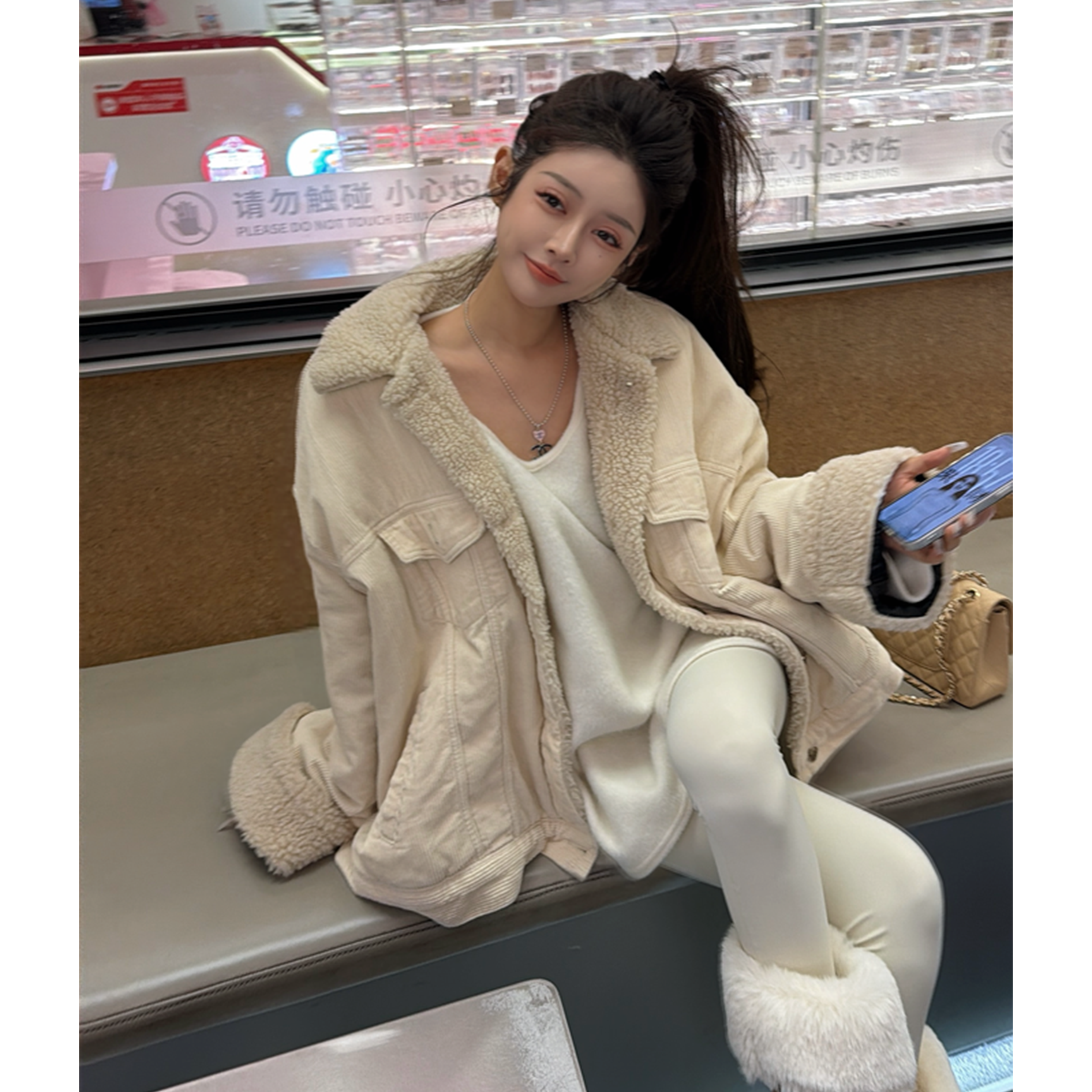 21DEGREES冬款灯芯绒翻领羔羔毛外套米白色拉毛宽松T