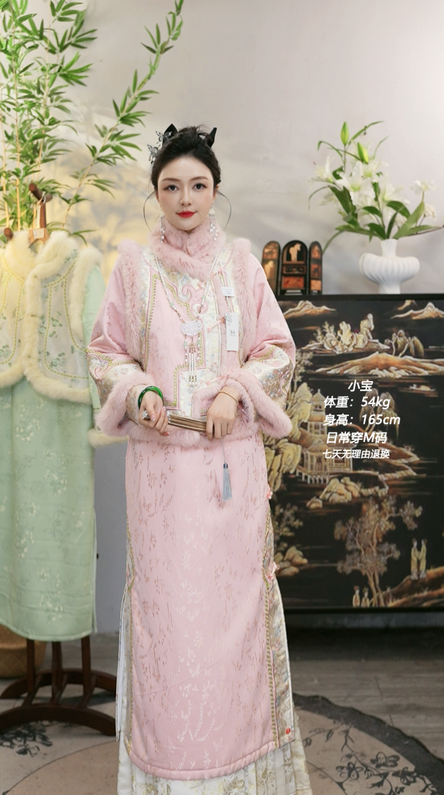 夏维莲2024冬季新款国风樱粉色加绒新中式复古女装裙（2361+2362）