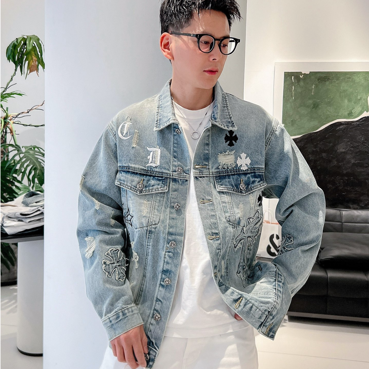 克罗牛仔旧水洗外套立体刺绣十字架贴布工艺高级感Oversize风刺绣