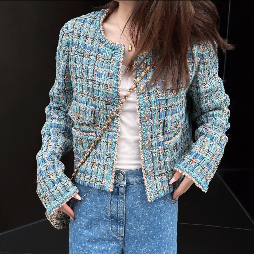 99新 Chanel/香奈儿 38码25A孔雀蓝混色粗花呢圆领四口袋外套