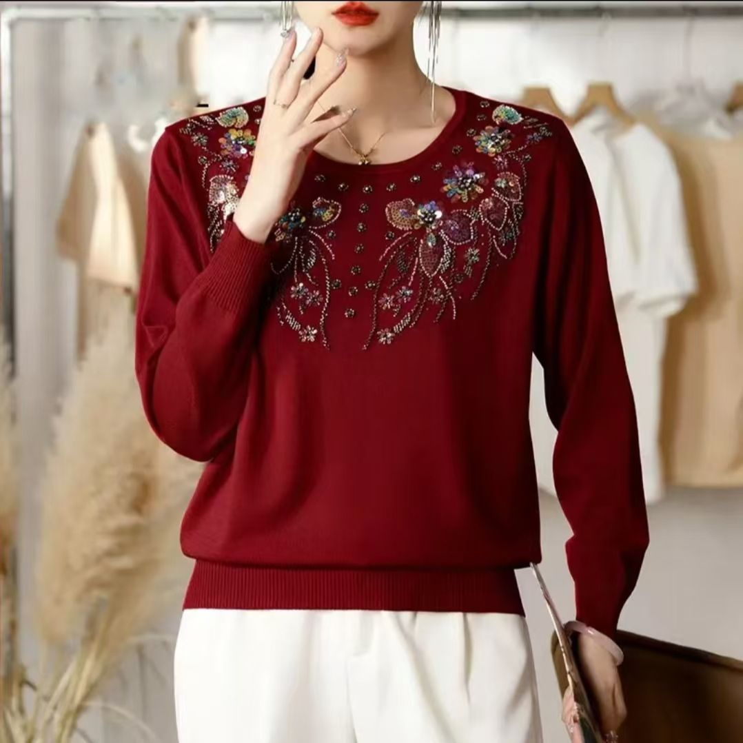 重工烫钻手工串珠拉链针织宽松舒适妈妈毛衣时尚休闲百搭打底衫