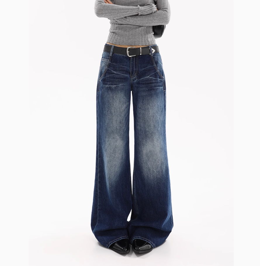 百搭夏季厚款显腿细的直筒裤子低腰美式高腰宽松复古长裤牛仔裤