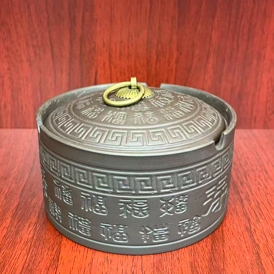  穆天复古带盖百福紫砂烟灰缸高档创意防飞灰防烟味酒店家用