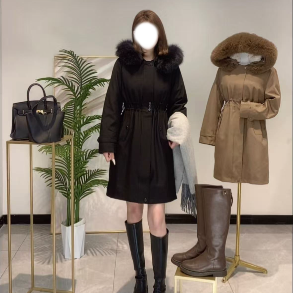 修身款派克服中长款连帽时尚大码女士冬季加绒收口袖中长款洋气