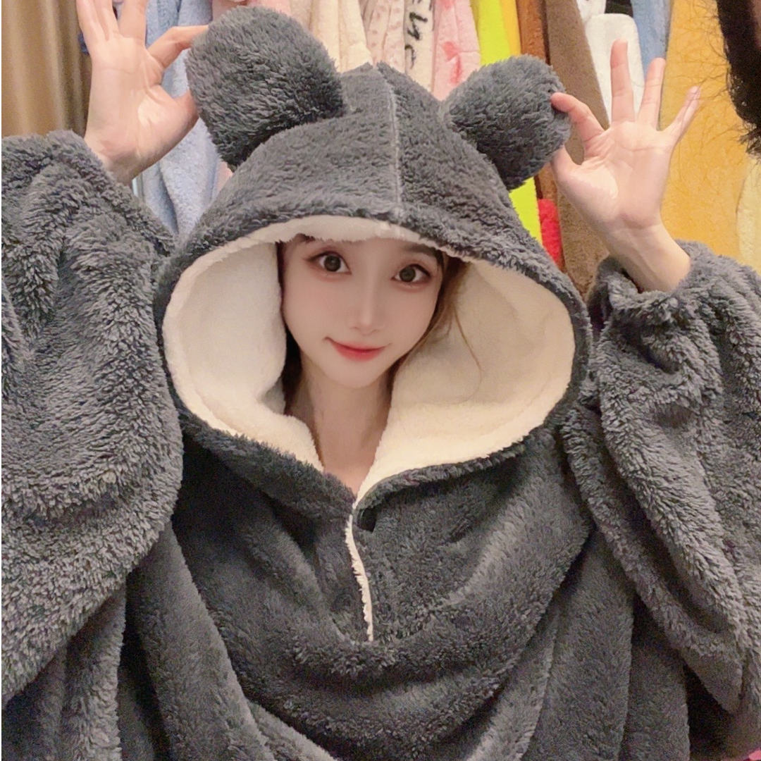 吉吉家居服睡衣豹纹女秋冬加厚珊瑚绒灰色豹纹宽松大码长款睡袍裙