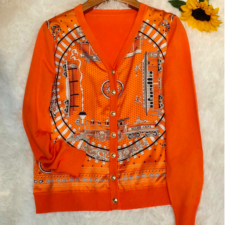 D （2025秋季新品）24098重磅桑蚕丝弹力缎拼接时尚马车百搭开衫