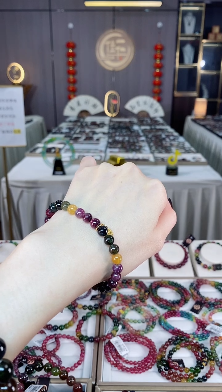 未镶嵌老矿碧玺色标彩虹单圈手串6mm+碧玺dan多样性发货一条