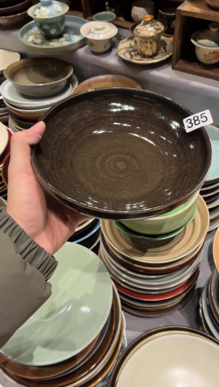 瓷片用****6385手工墨绿立边盘1个