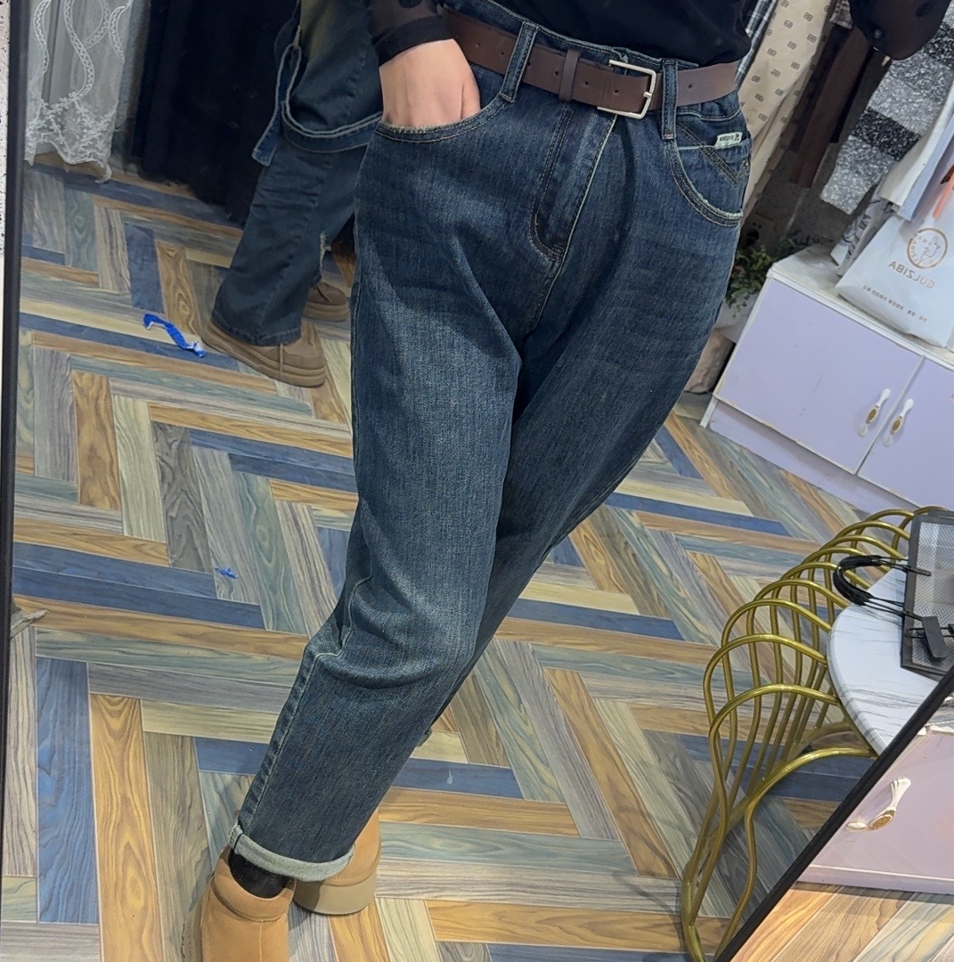 深蓝色高腰显瘦牛仔裤女秋冬新款休闲哈伦老爹裤