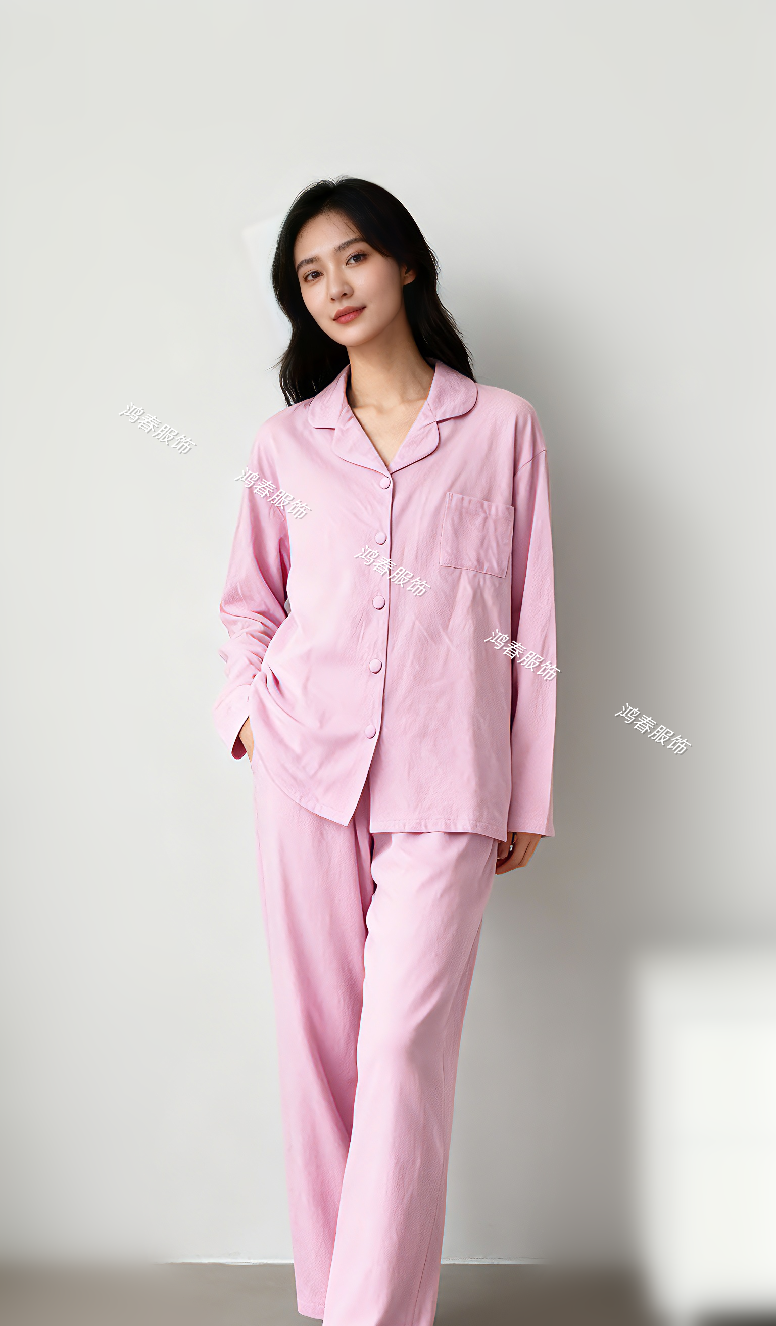 女士纯棉透气宽松长袖长裤家居服套装简约休闲舒适睡衣