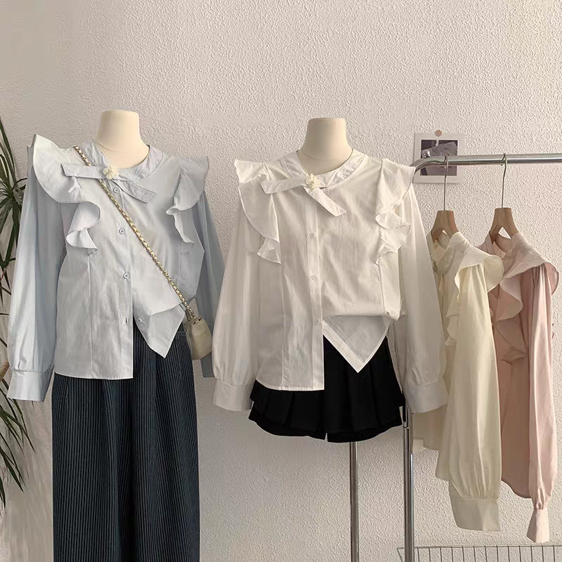 圆领亮丝花朵猫长袖四季通用衬衫衬衣韩版上衣小众荷叶边甜美