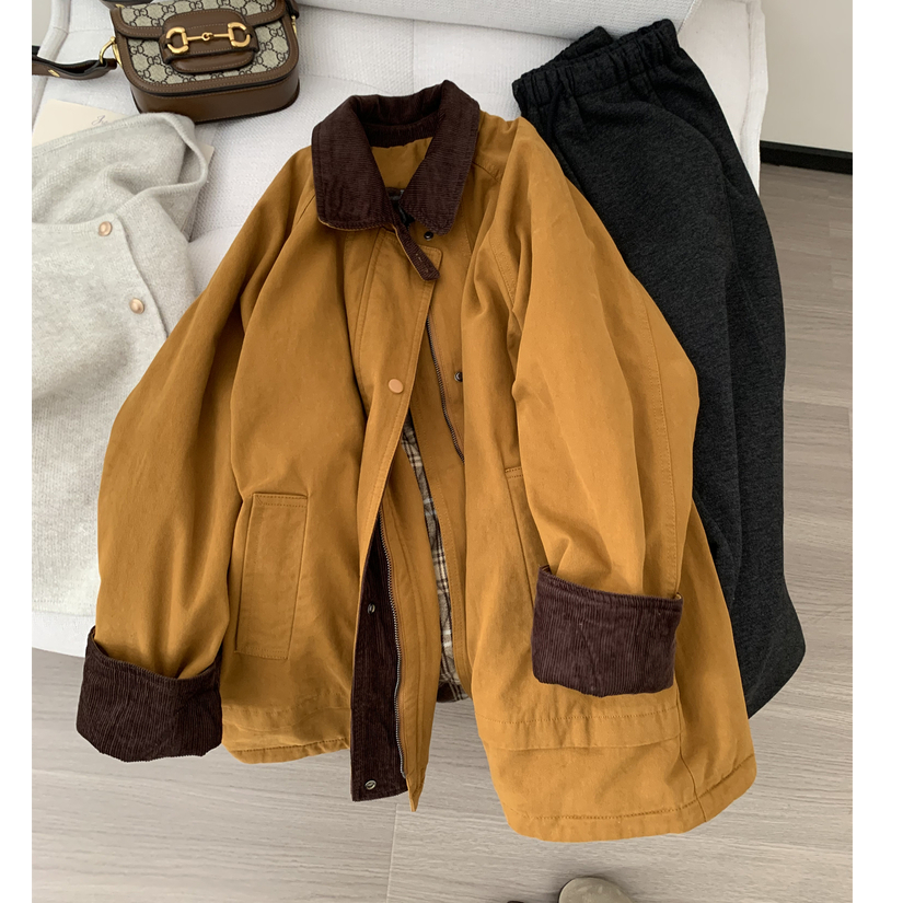 工装风灯芯绒拼接翻领外套女帅气时髦南瓜橘中长款夹棉上衣棉服冬